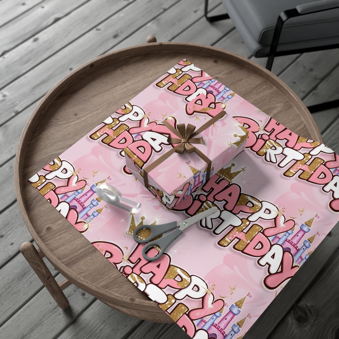 Gift Wrap Papers, Princess-Themed Happy Birthday Wrapping Paper, Pink and Gold Design, Glitter Effect, Castle Illustrations,