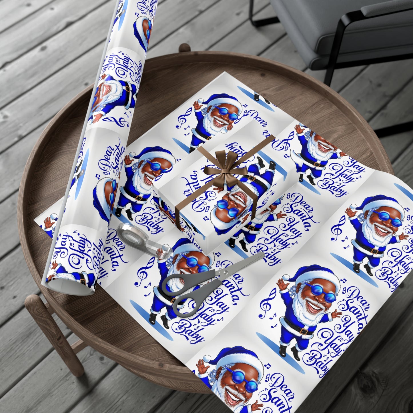 Gift Wrap Papers - Dear Santa African American Santa Yay baby Royal blue and white