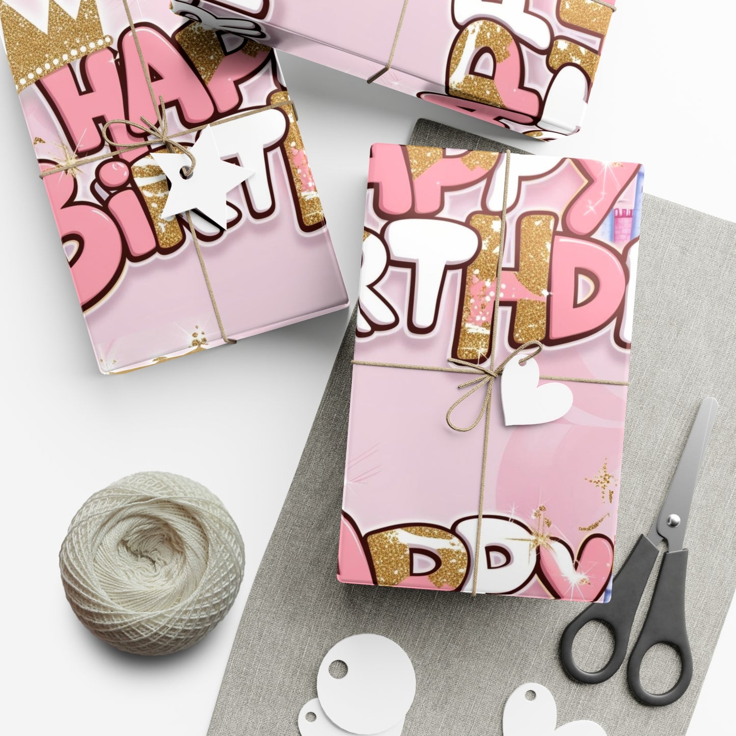 Gift Wrap Papers, Princess-Themed Happy Birthday Wrapping Paper, Pink and Gold Design, Glitter Effect, Castle Illustrations,