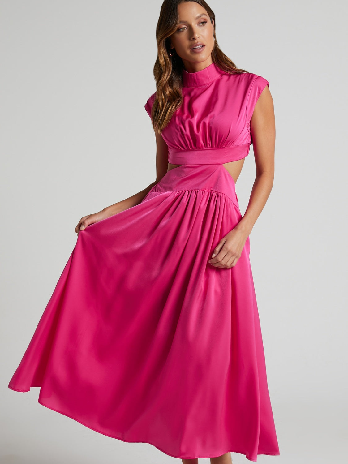 Cutout Mock Neck Sleeveless Ruched Dress-VMA Specialties Boutique