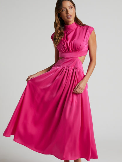 Cutout Mock Neck Sleeveless Ruched Dress-VMA Specialties Boutique