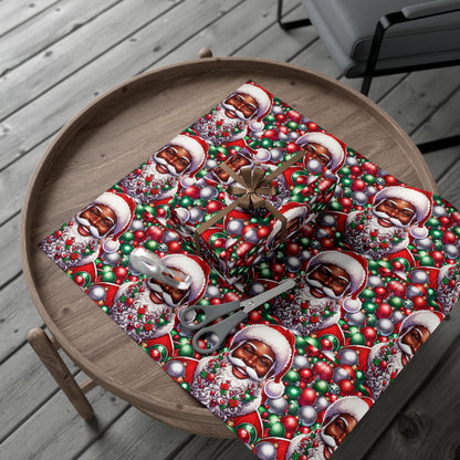 Christmas Cheer Wrapping Papers, Festive African American Santa Gift Wrap, HoliRosy Cheeks, Nose, Xmas Spirit Decor, P