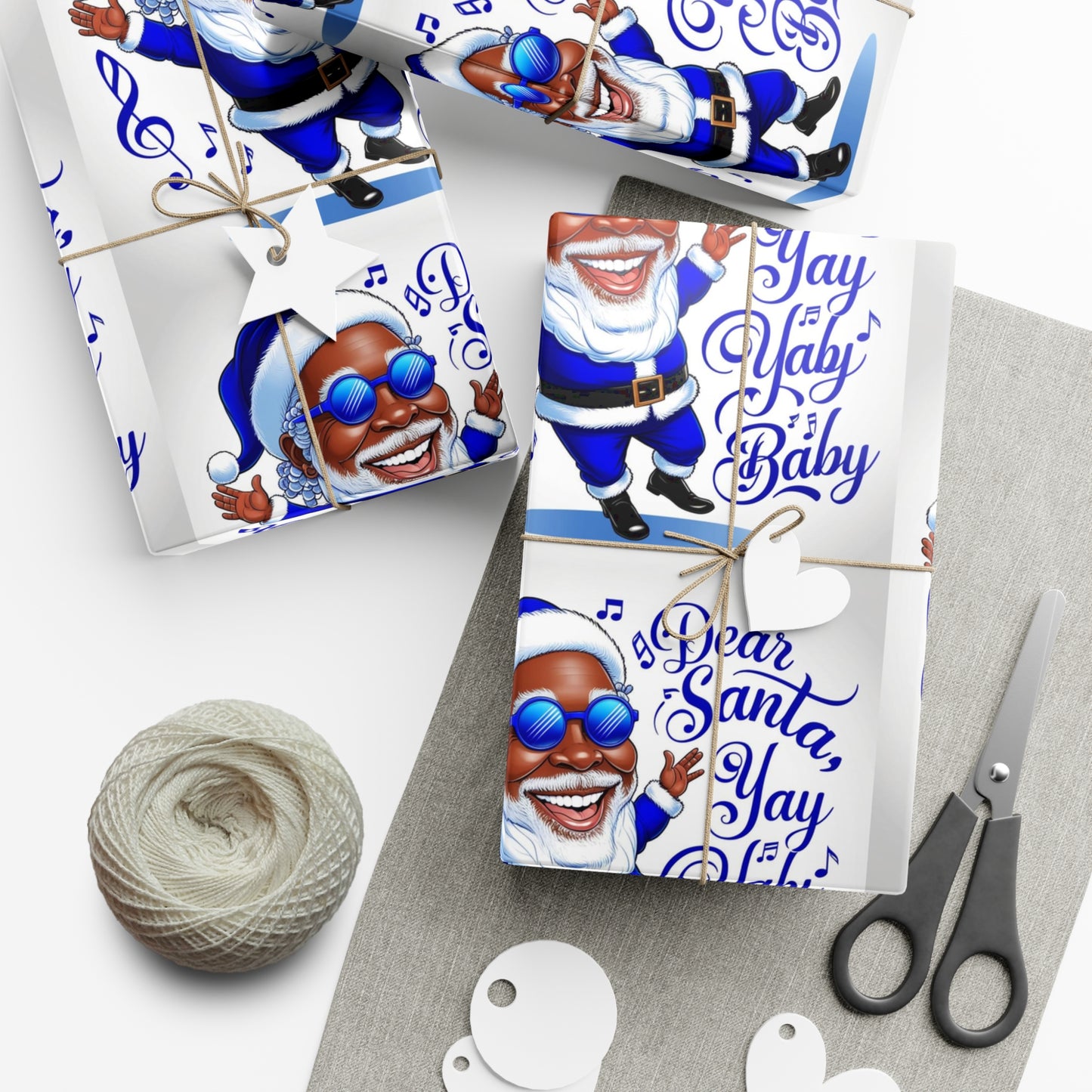 Gift Wrap Papers - Dear Santa African American Santa Yay baby Royal blue and white