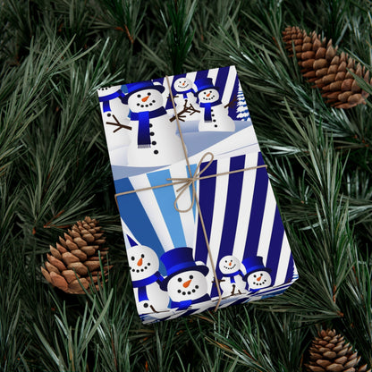 Wrapping Paper, Festive Snowman Holiday Gift Wrap, Winter Blue White Stripes, Christmas , Rustic Pine Branches, Cheerful