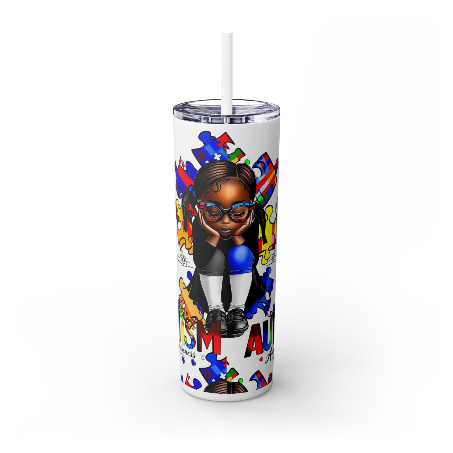 Skinny Tumbler, Autism Awareness Tumbler, Puzzle Pieces Tumbler, Black Girl, Special Needs Gift, 20oz Cup with Straw