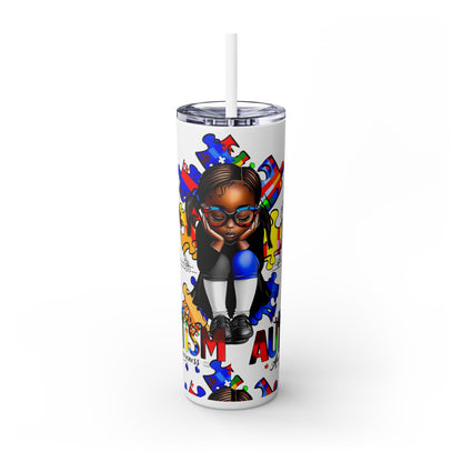 Skinny Tumbler, Autism Awareness Tumbler, Puzzle Pieces Tumbler, Black Girl, Special Needs Gift, 20oz Cup with Straw