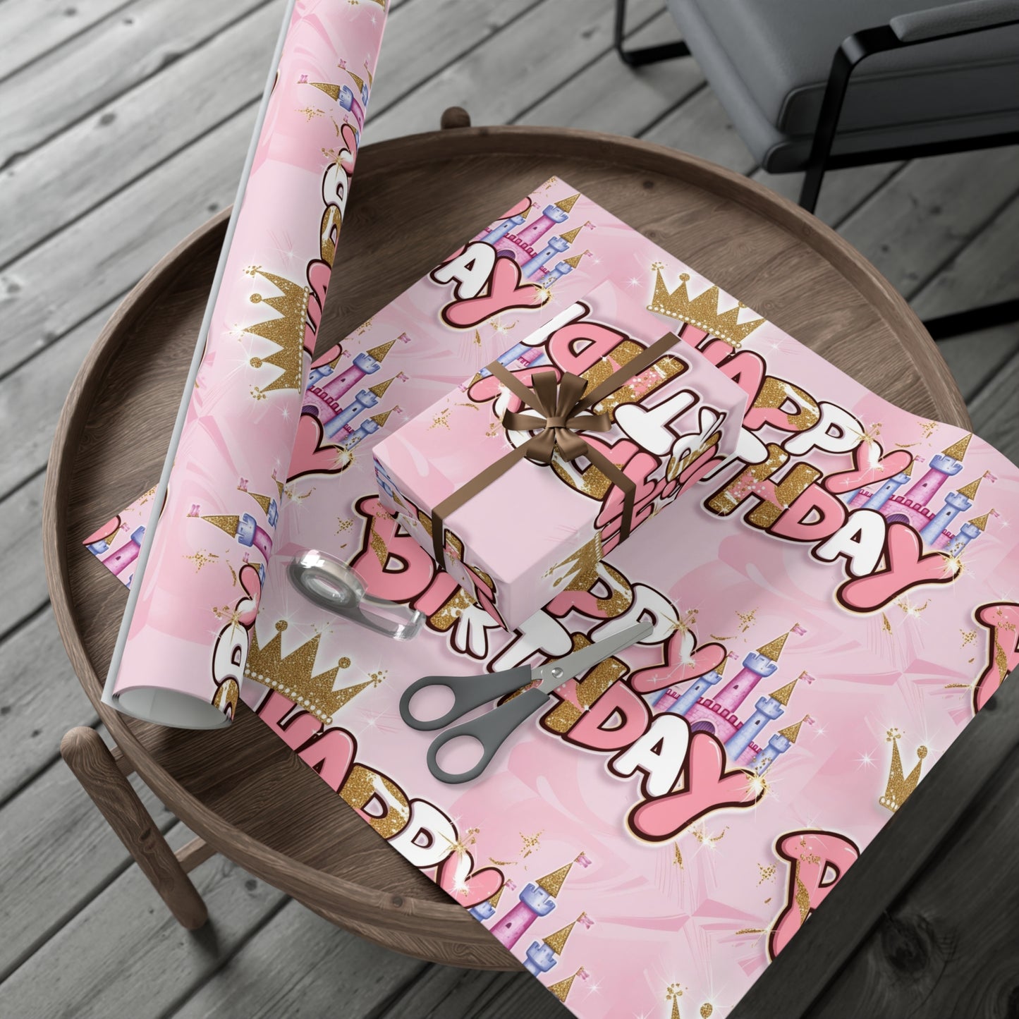 Gift Wrap Papers, Princess-Themed Happy Birthday Wrapping Paper, Pink and Gold Design, Glitter Effect, Castle Illustrations,