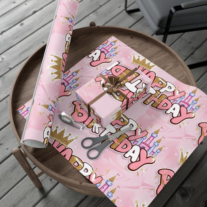 Gift Wrap Papers, Princess-Themed Happy Birthday Wrapping Paper, Pink and Gold Design, Glitter Effect, Castle Illustrations,