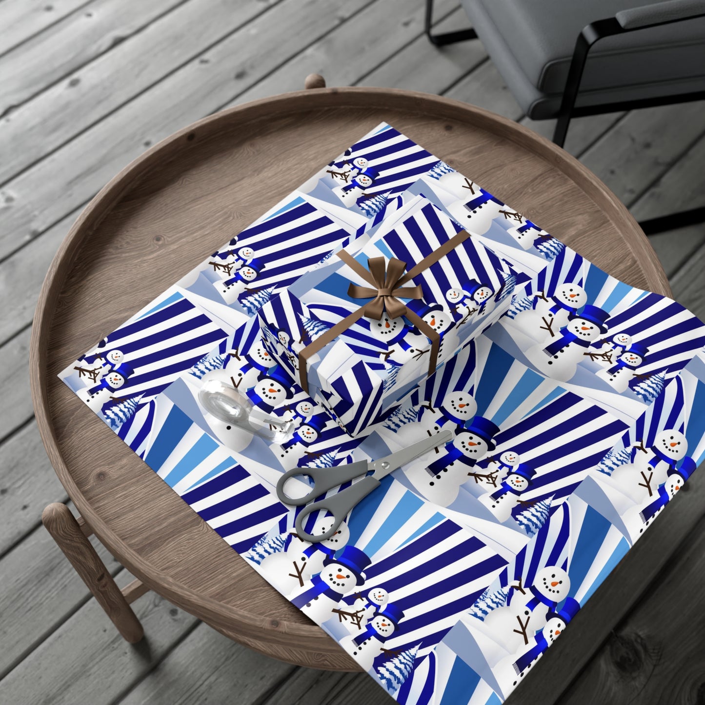 Wrapping Paper, Festive Snowman Holiday Gift Wrap, Winter Blue White Stripes, Christmas , Rustic Pine Branches, Cheerful