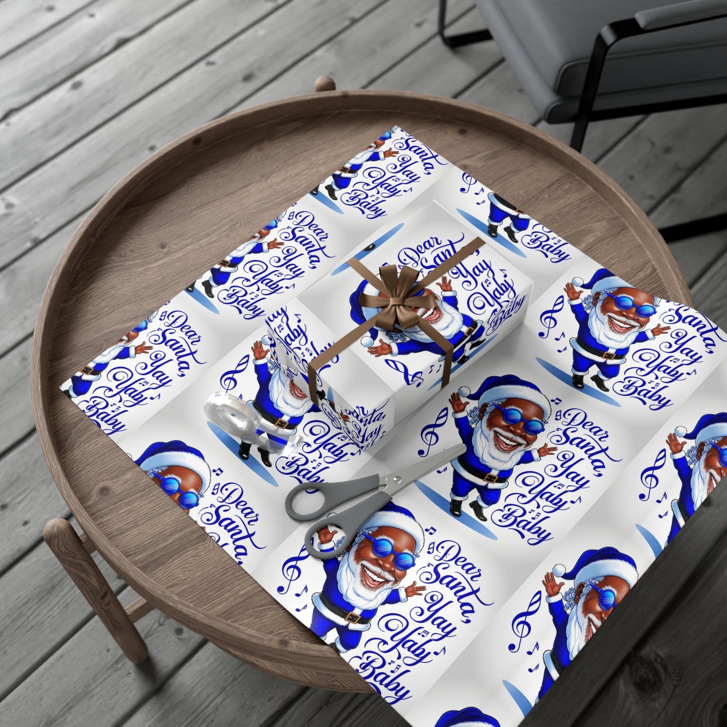 Gift Wrap Papers - Dear Santa African American Santa Yay baby Royal blue and white