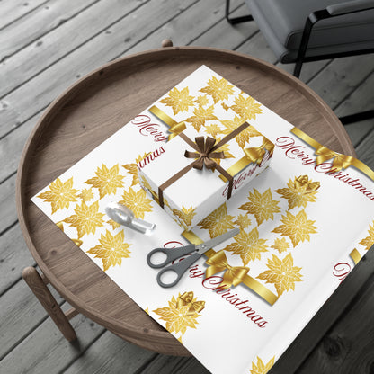 Wrapping Papers - Festive Golden Poinsettia Flowers Merry Christmas Gift Wrap Roll, Elegant White Gold Ribbon Accents,