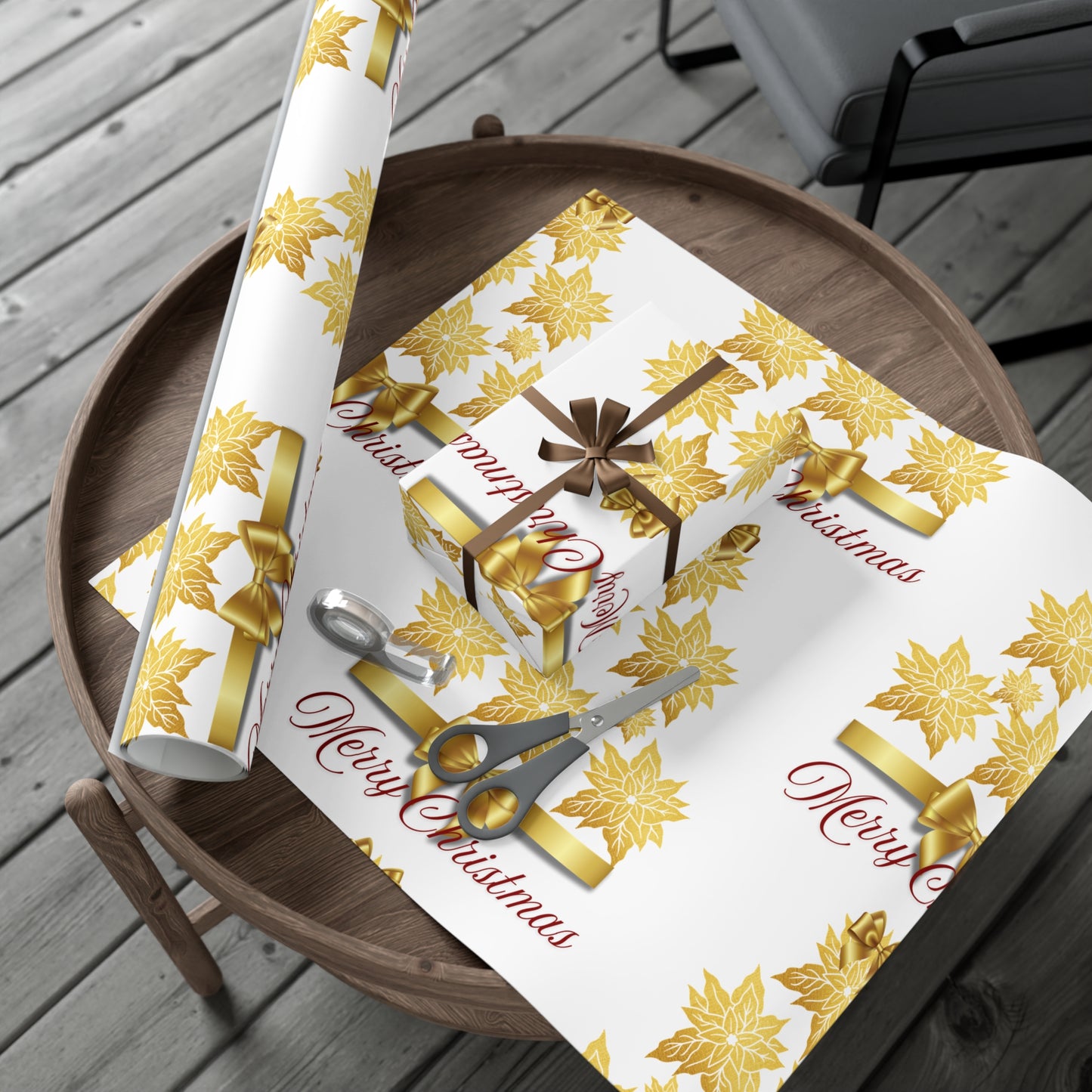 Wrapping Papers - Festive Golden Poinsettia Flowers Merry Christmas Gift Wrap Roll, Elegant White Gold Ribbon Accents,