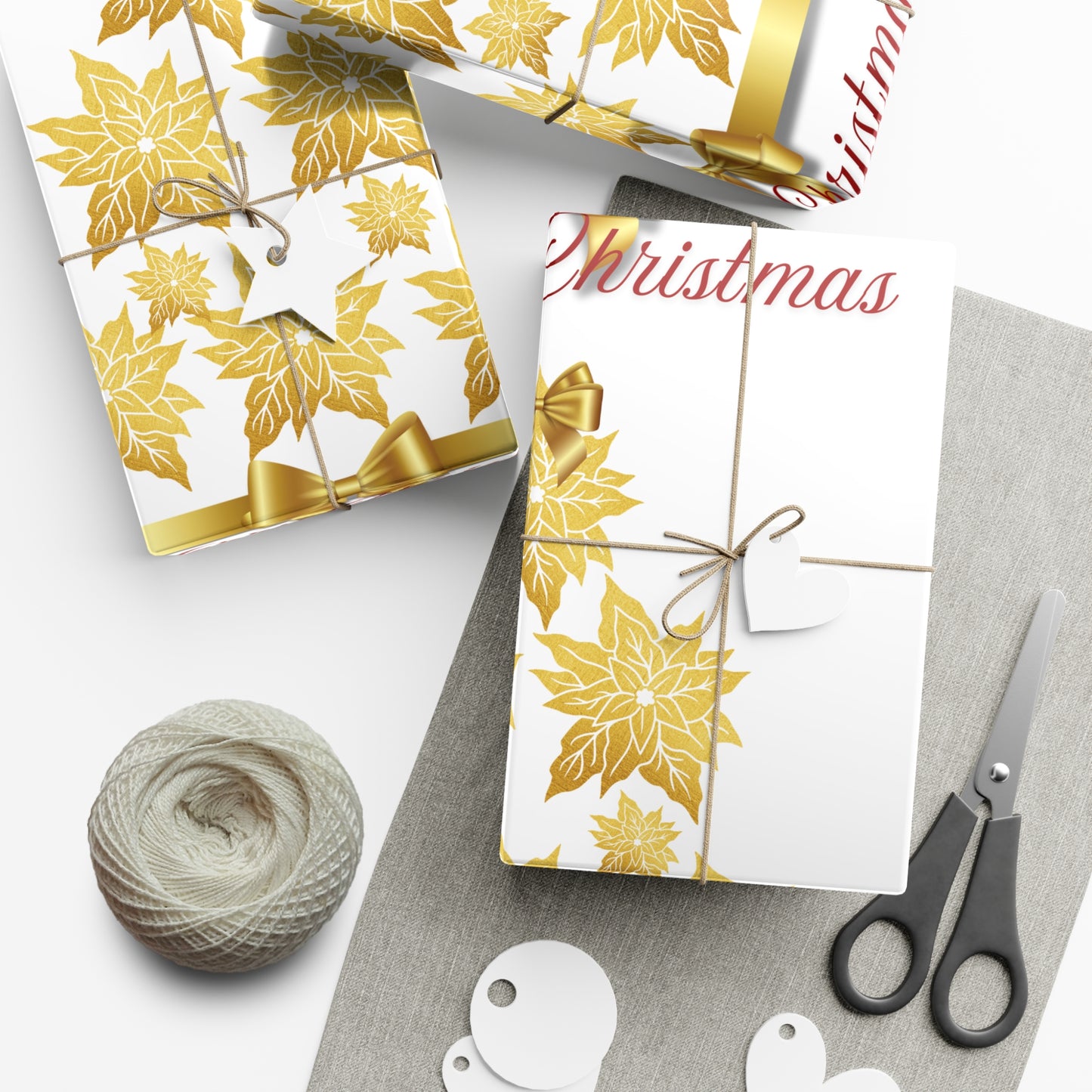Wrapping Papers - Festive Golden Poinsettia Flowers Merry Christmas Gift Wrap Roll, Elegant White Gold Ribbon Accents,