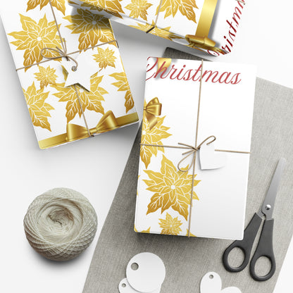 Wrapping Papers - Festive Golden Poinsettia Flowers Merry Christmas Gift Wrap Roll, Elegant White Gold Ribbon Accents,