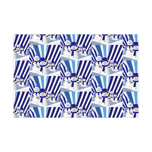Wrapping Paper, Festive Snowman Holiday Gift Wrap, Winter Blue White Stripes, Christmas , Rustic Pine Branches, Cheerful