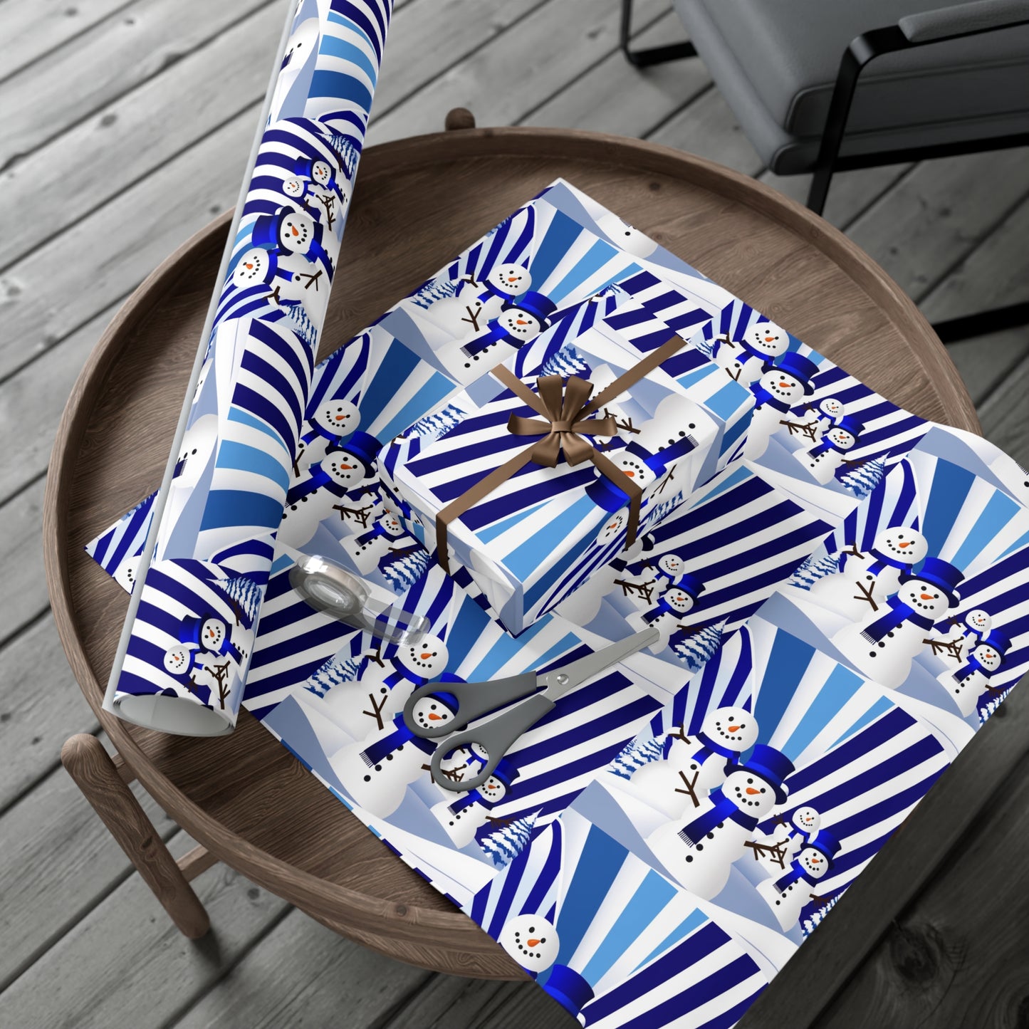 Wrapping Paper, Festive Snowman Holiday Gift Wrap, Winter Blue White Stripes, Christmas , Rustic Pine Branches, Cheerful