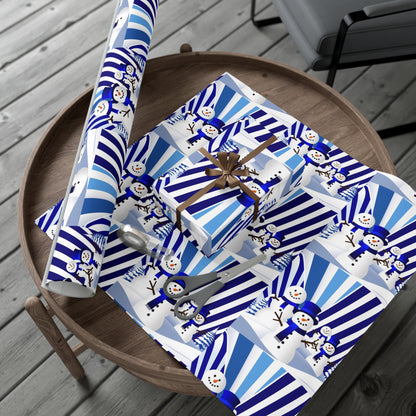 Wrapping Paper, Festive Snowman Holiday Gift Wrap, Winter Blue White Stripes, Christmas , Rustic Pine Branches, Cheerful