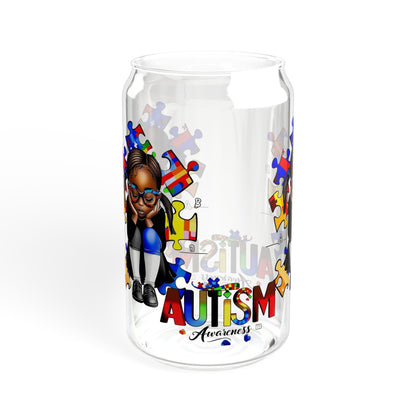 Sipper Glass, 16oz featuring Autism Awareness design - Black girl with puzzle pieces, Autistic Awareness gift, Puzzle pieces