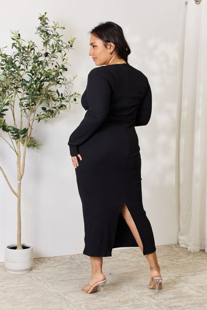Culture Code Full Size Ribbed Long Sleeve Midi Slit Dress-VMA Specialties Boutique