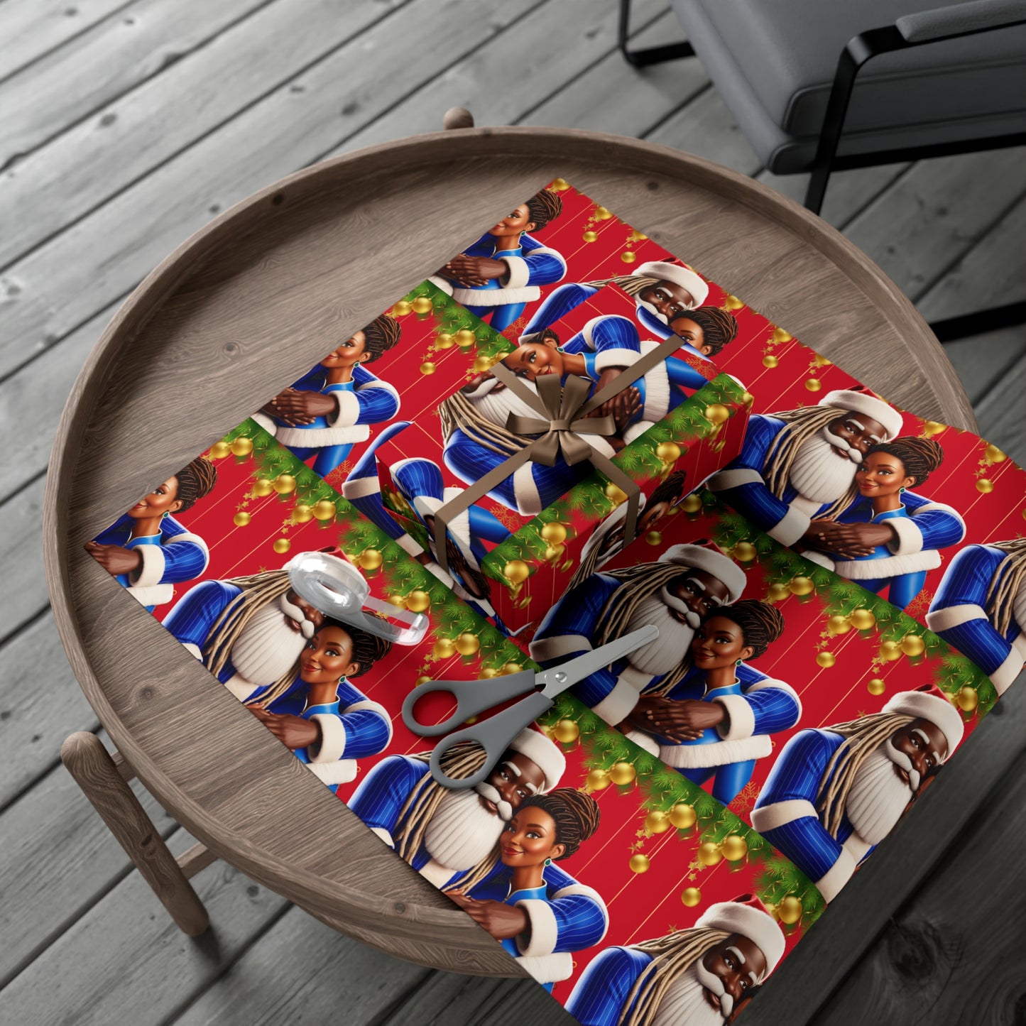 Wrapping Paper Black Santa and Mrs Hint of Ble