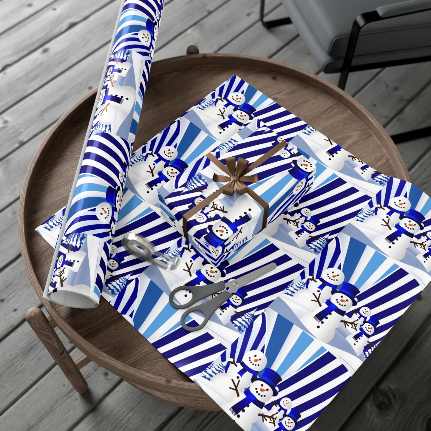 Wrapping Paper, Festive Snowman Holiday Gift Wrap, Winter Blue White Stripes, Christmas , Rustic Pine Branches, Cheerful