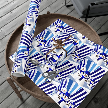 Wrapping Paper, Festive Snowman Holiday Gift Wrap, Winter Blue White Stripes, Christmas , Rustic Pine Branches, Cheerful