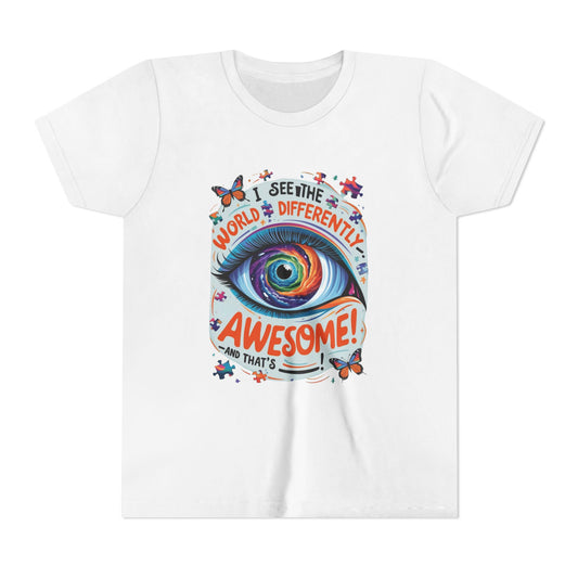 Autism Awareness Youth Tee, Eye Galaxy, Puzzle Pieces, Butterflies, Neurodiversity Shirt, Unique Perspective Clothing