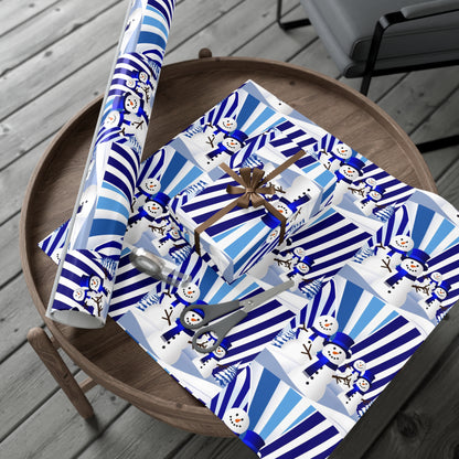 Wrapping Paper, Festive Snowman Holiday Gift Wrap, Winter Blue White Stripes, Christmas , Rustic Pine Branches, Cheerful