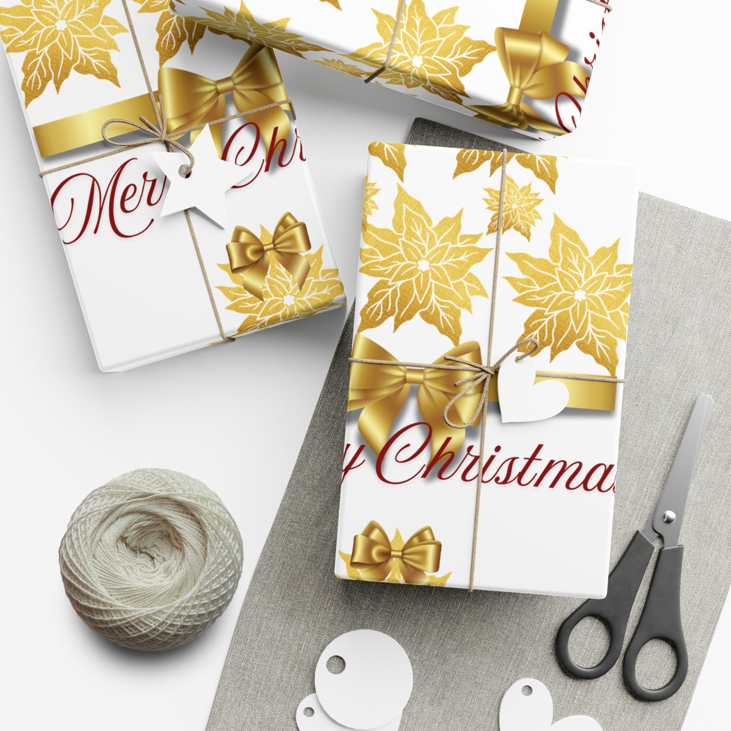 Wrapping Papers - Festive Golden Poinsettia Flowers Merry Christmas Gift Wrap Roll, Elegant White Gold Ribbon Accents,
