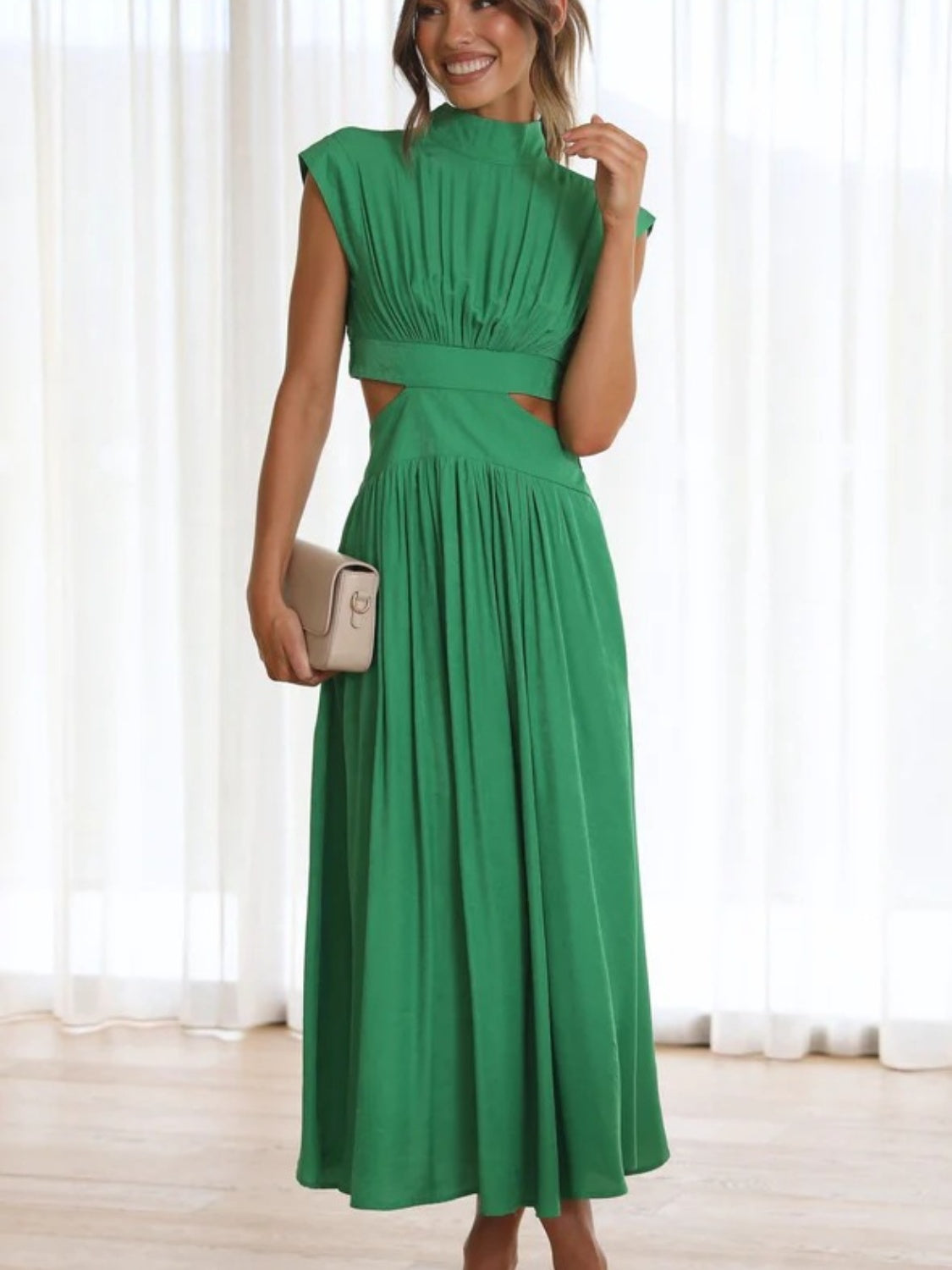 Cutout Mock Neck Sleeveless Ruched Dress-VMA Specialties Boutique