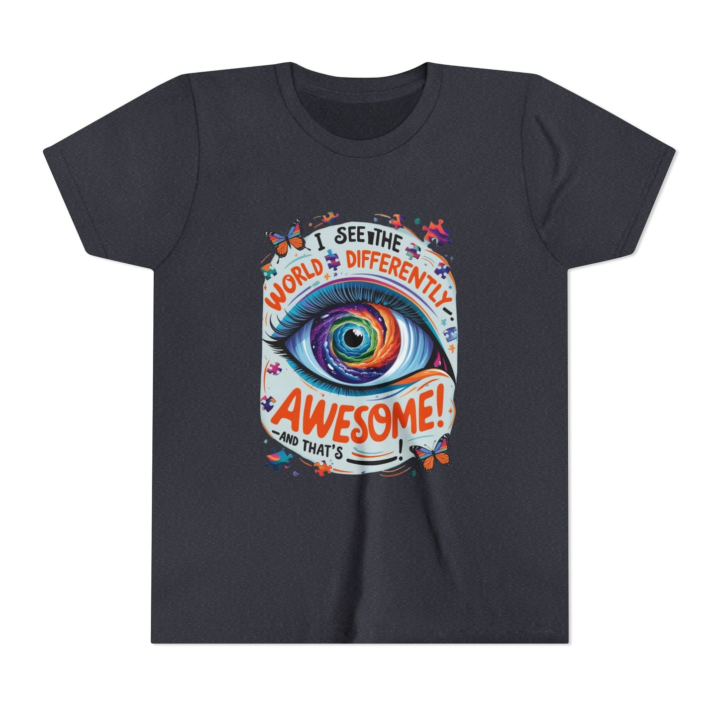 Autism Awareness Youth Tee, Eye Galaxy, Puzzle Pieces, Butterflies, Neurodiversity Shirt, Unique Perspective Clothing
