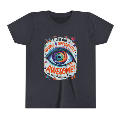 Autism Awareness Youth Tee, Eye Galaxy, Puzzle Pieces, Butterflies, Neurodiversity Shirt, Unique Perspective Clothing