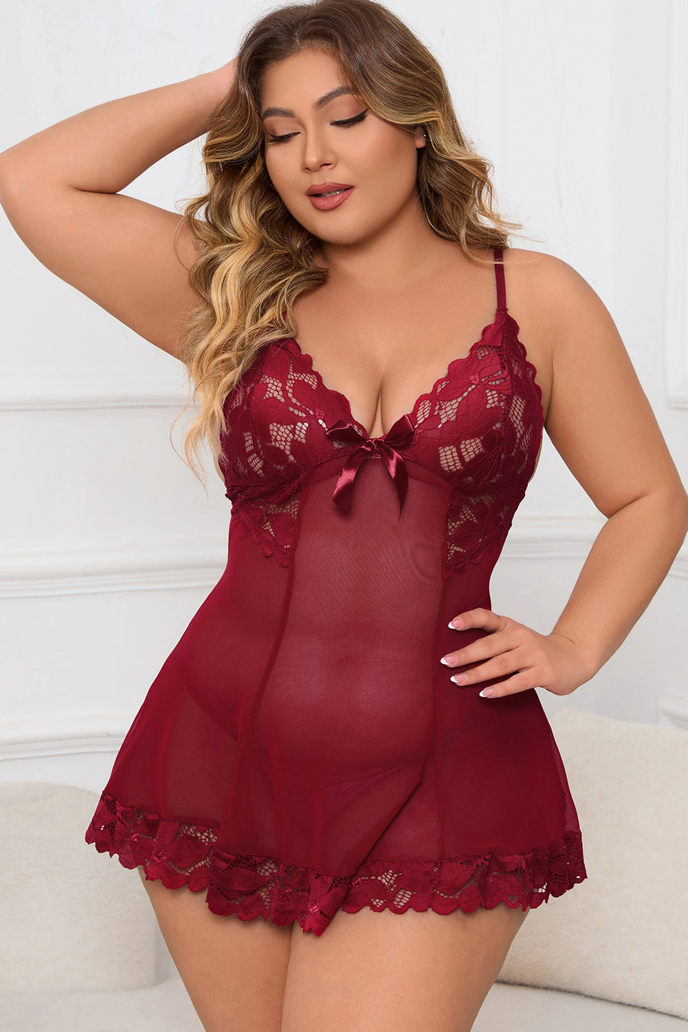 Plus Size Lace Detail Spaghetti Strap Lounge Dress-VMA Specialties Boutique