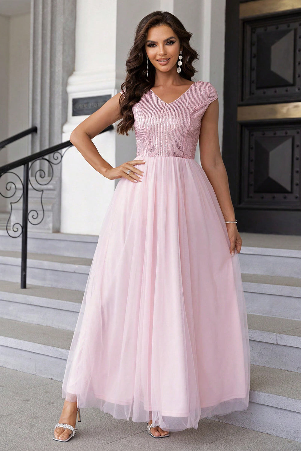 Sequin V-Neck Mesh Maxi Dress-VMA Specialties Boutique