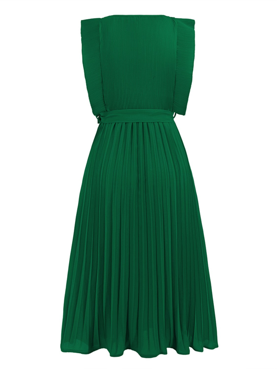 Tied Round Neck Pleated Midi Dress-VMA Specialties Boutique