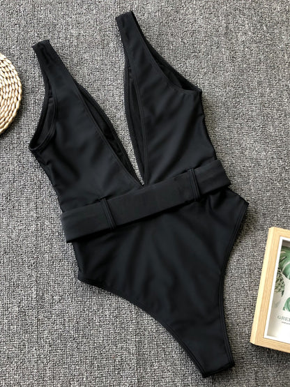 Plunge Wide Strap Sleeveless One-Piece Swimwear-VMA Specialties Boutique