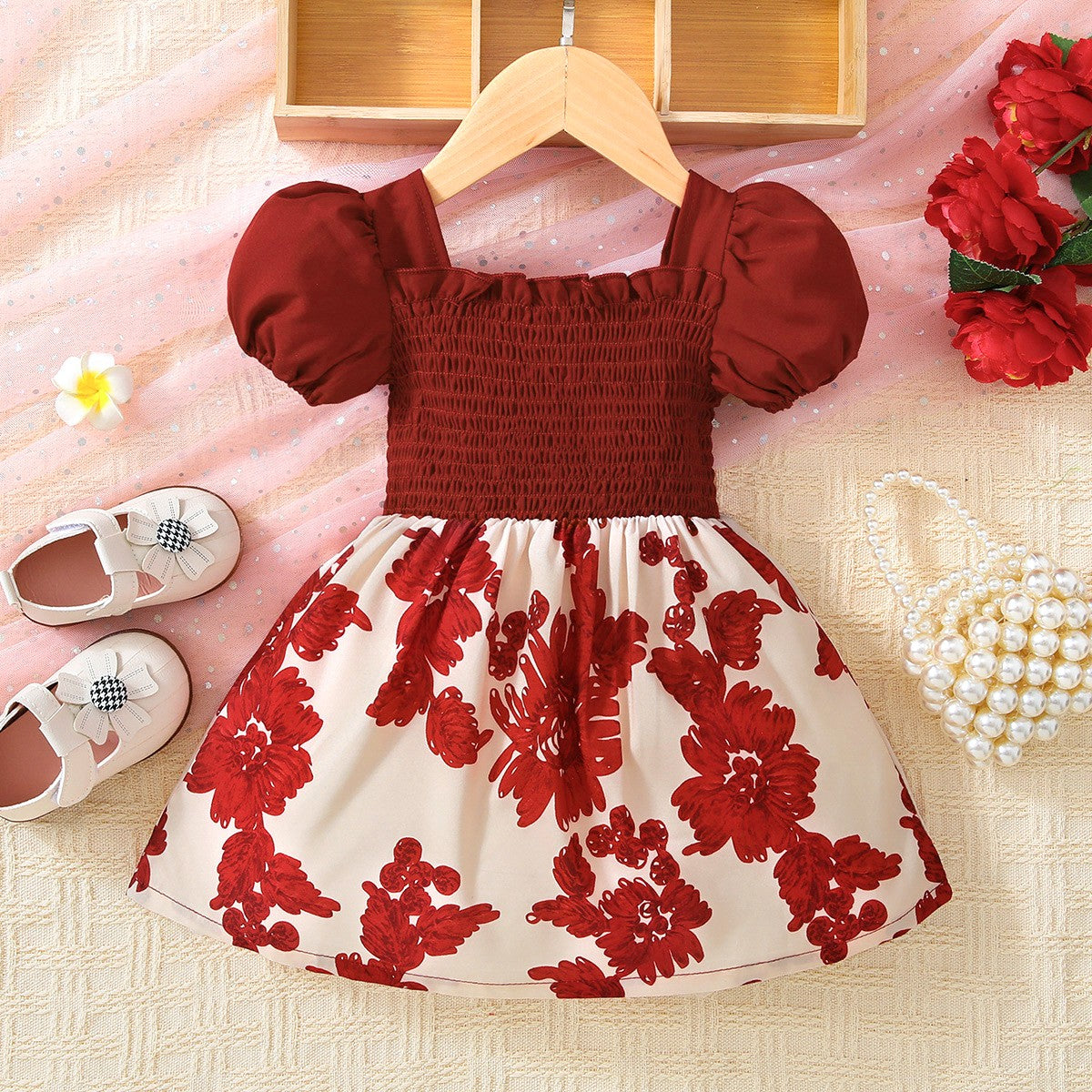 Baby Girl Floral Frill Trim Square Neck Smocked Dress-VMA Specialties Boutique