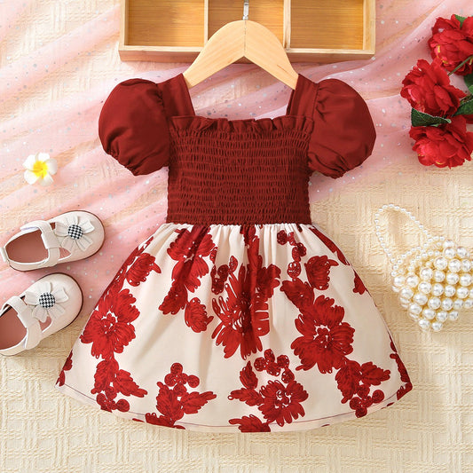 Baby Girl Floral Frill Trim Square Neck Smocked Dress-VMA Specialties Boutique