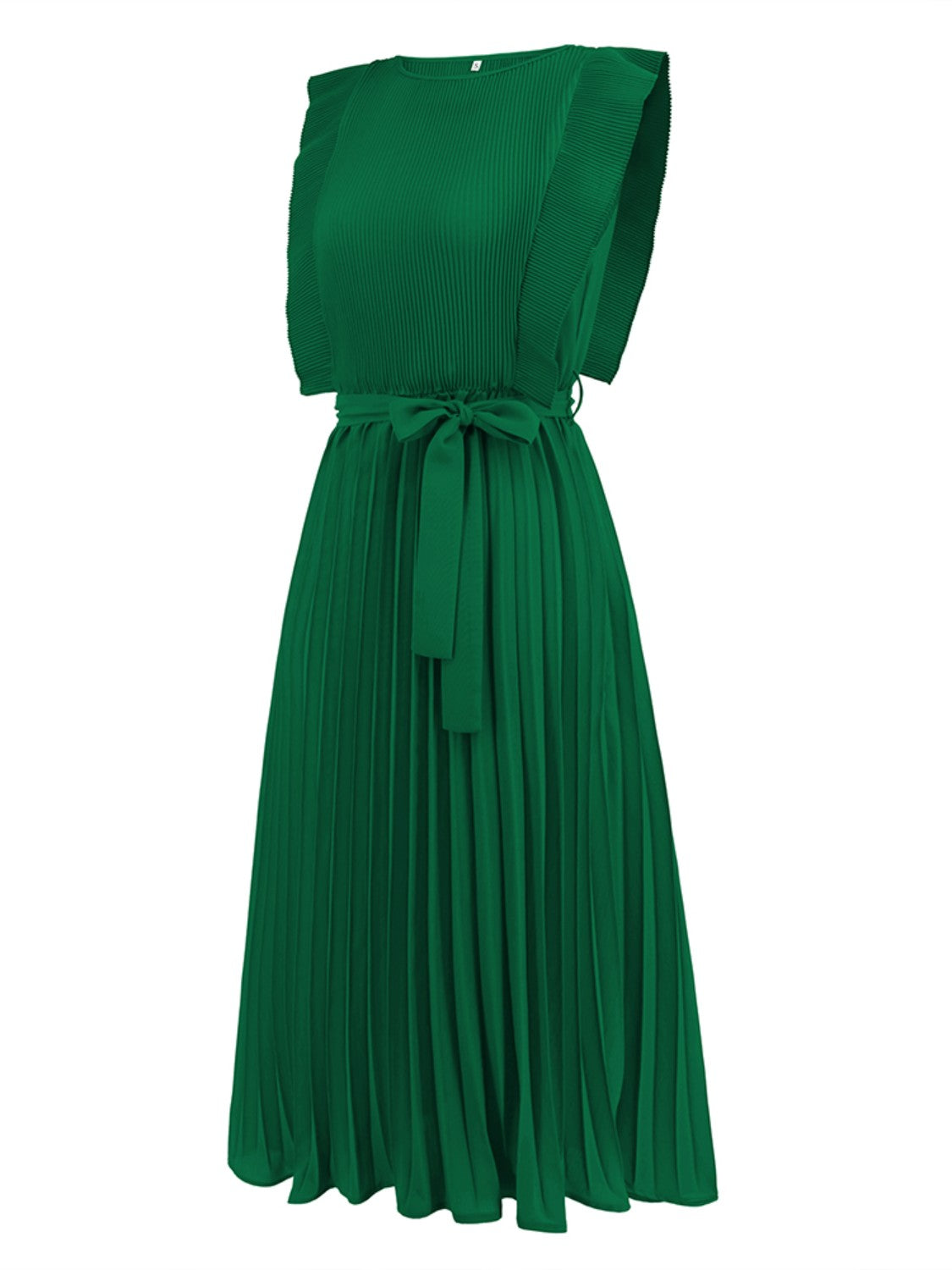 Tied Round Neck Pleated Midi Dress-VMA Specialties Boutique