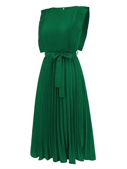 Tied Round Neck Pleated Midi Dress-VMA Specialties Boutique