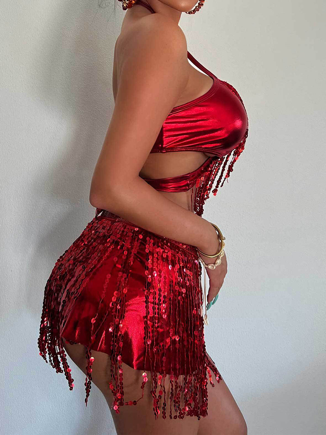Shimmer - Sequin Halter Neck Three-Piece Swim Set-VMA Specialties Boutique