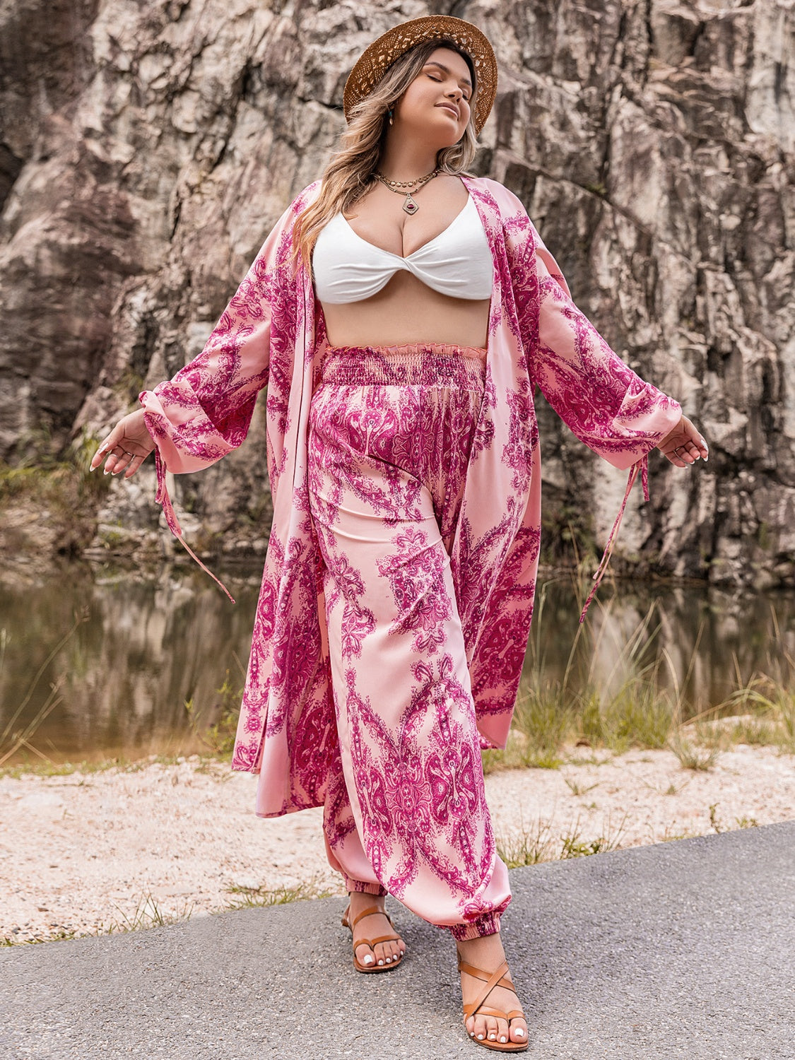 Plus Size Open Front Cardigan and Pants Set-VMA Specialties Boutique
