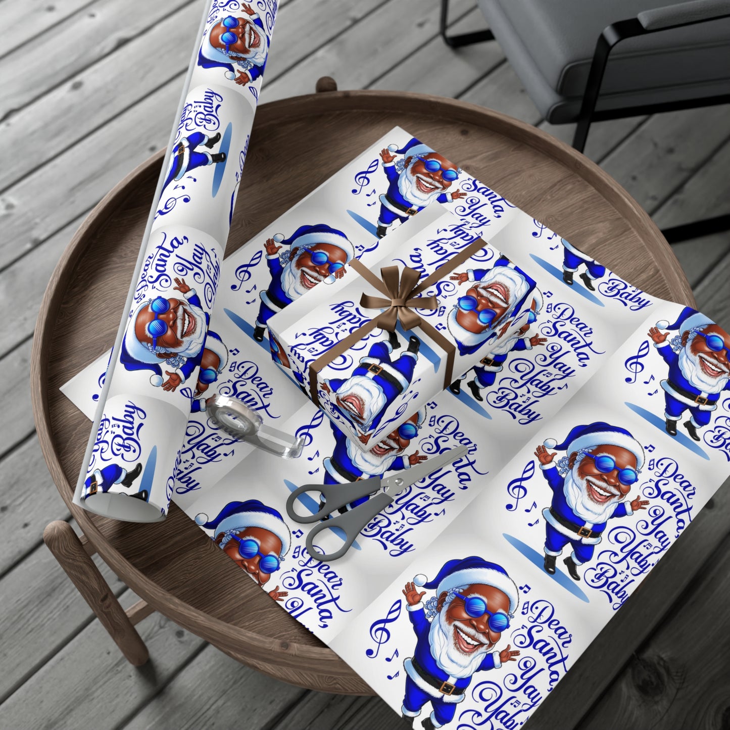Gift Wrap Papers - Dear Santa African American Santa Yay baby Royal blue and white