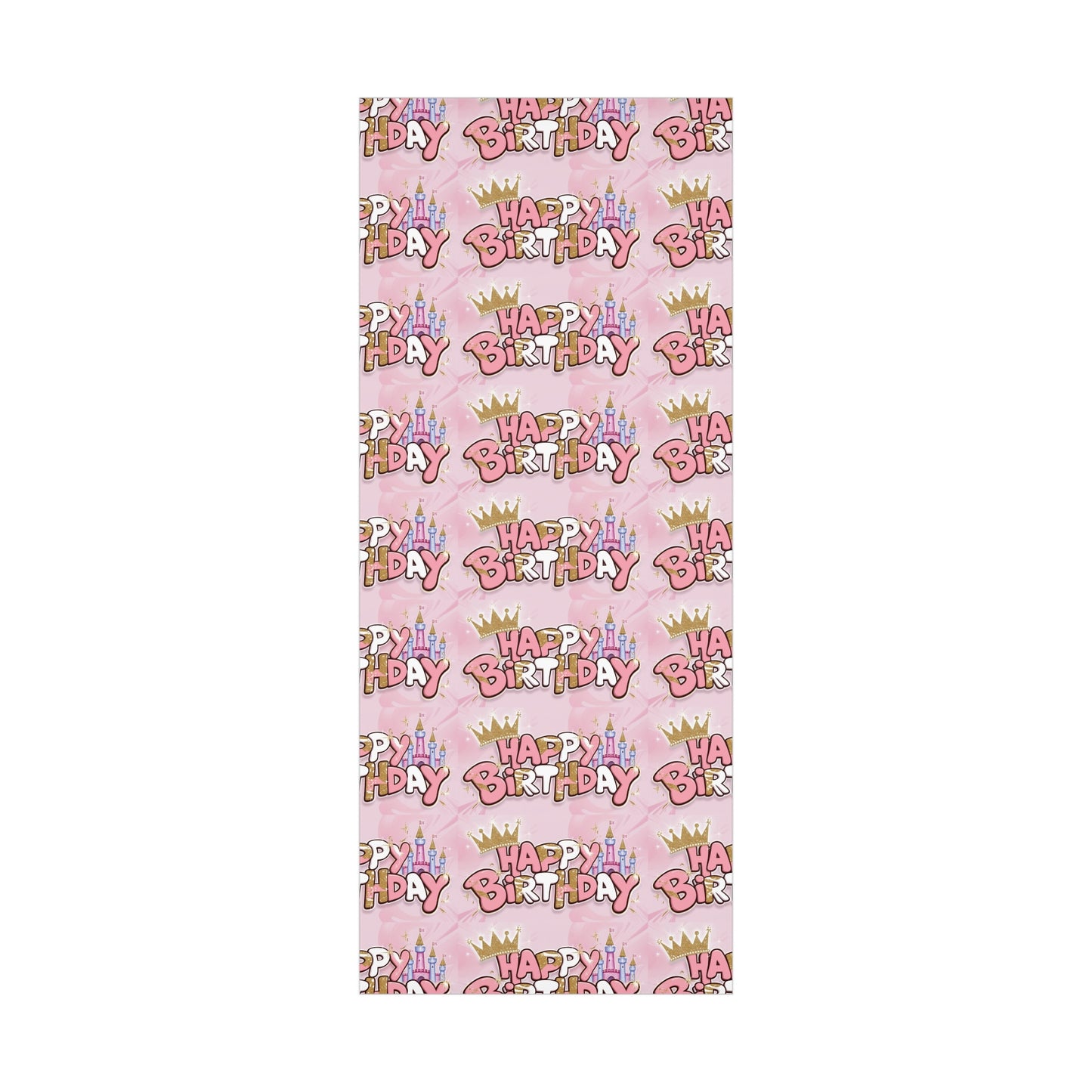 Gift Wrap Papers, Princess-Themed Happy Birthday Wrapping Paper, Pink and Gold Design, Glitter Effect, Castle Illustrations,