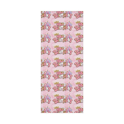 Gift Wrap Papers, Princess-Themed Happy Birthday Wrapping Paper, Pink and Gold Design, Glitter Effect, Castle Illustrations,
