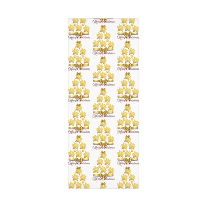 Wrapping Papers - Festive Golden Poinsettia Flowers Merry Christmas Gift Wrap Roll, Elegant White Gold Ribbon Accents,