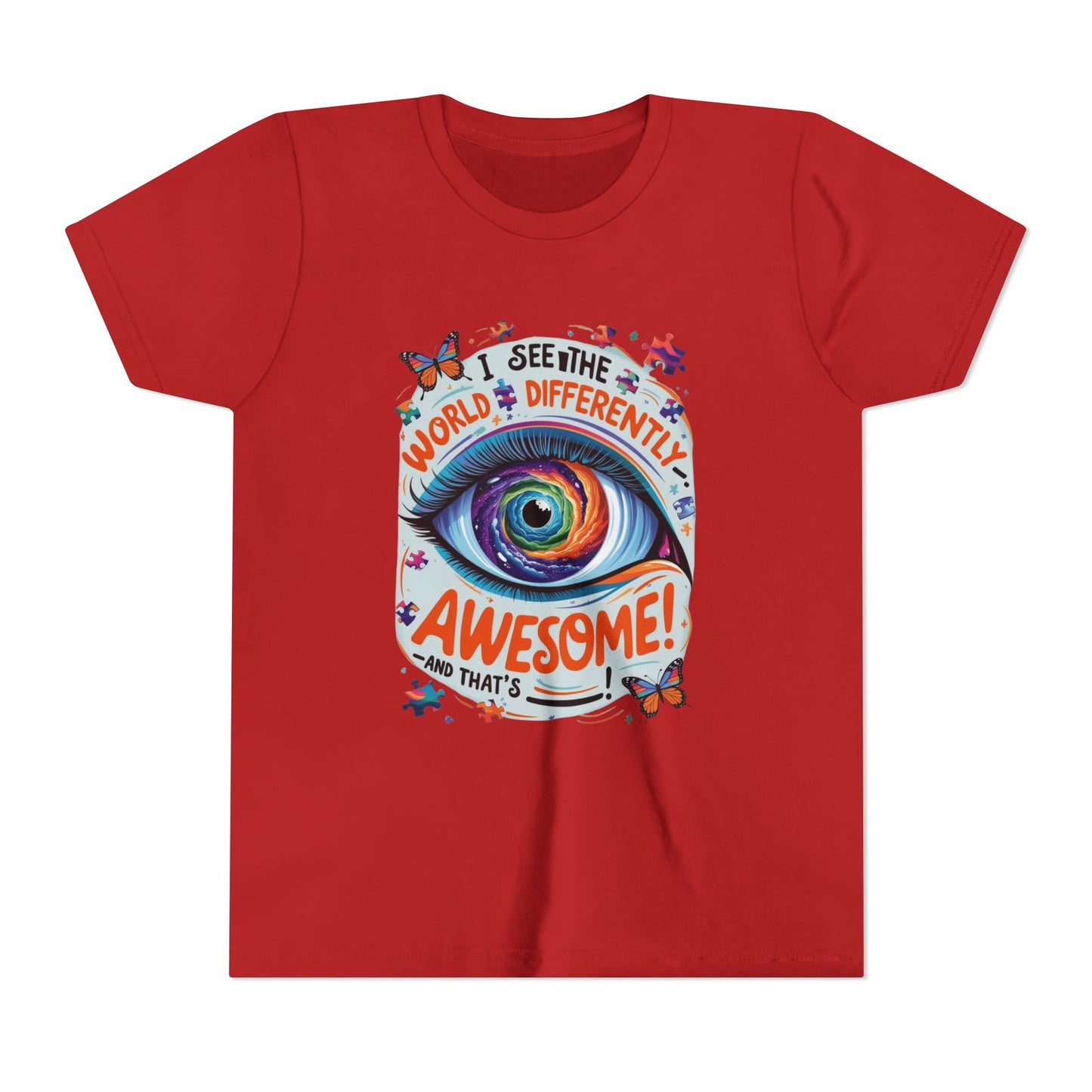 Autism Awareness Youth Tee, Eye Galaxy, Puzzle Pieces, Butterflies, Neurodiversity Shirt, Unique Perspective Clothing