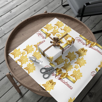 Wrapping Papers - Festive Golden Poinsettia Flowers Merry Christmas Gift Wrap Roll, Elegant White Gold Ribbon Accents,