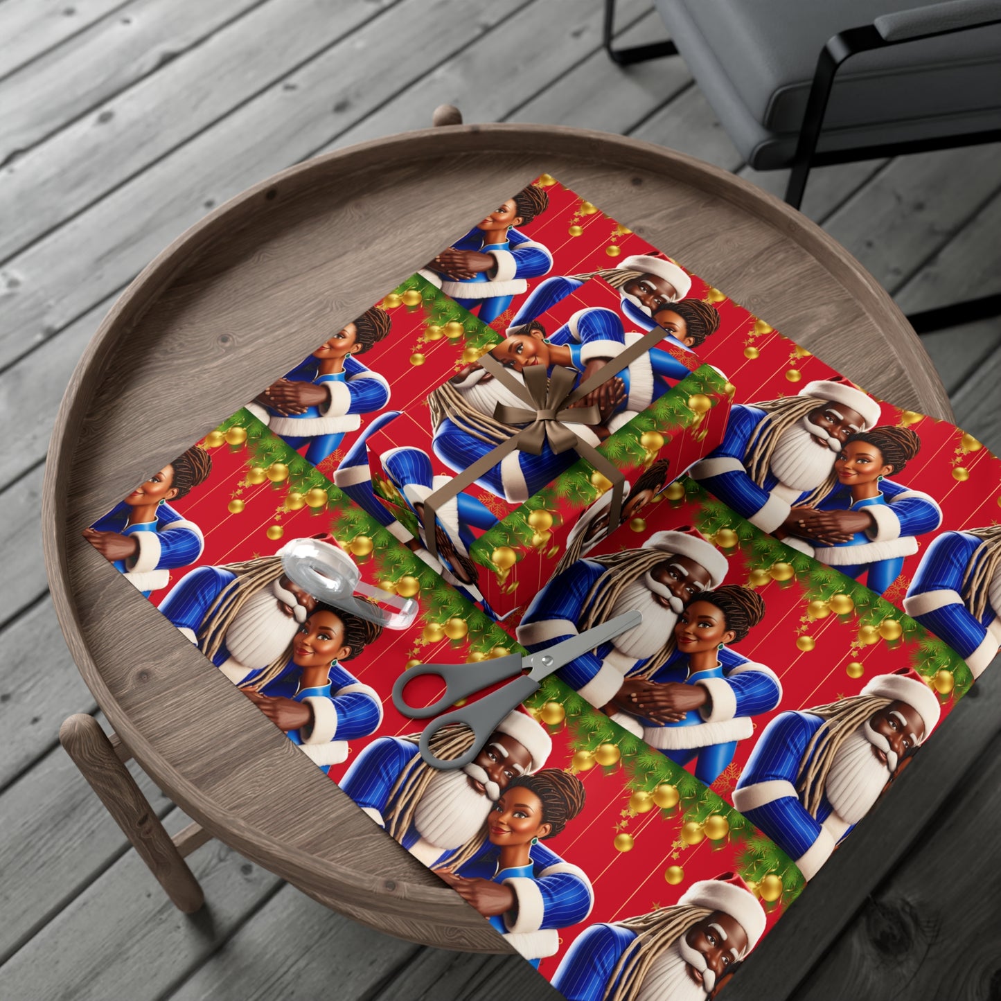 Wrapping Paper Black Santa and Mrs Hint of Ble