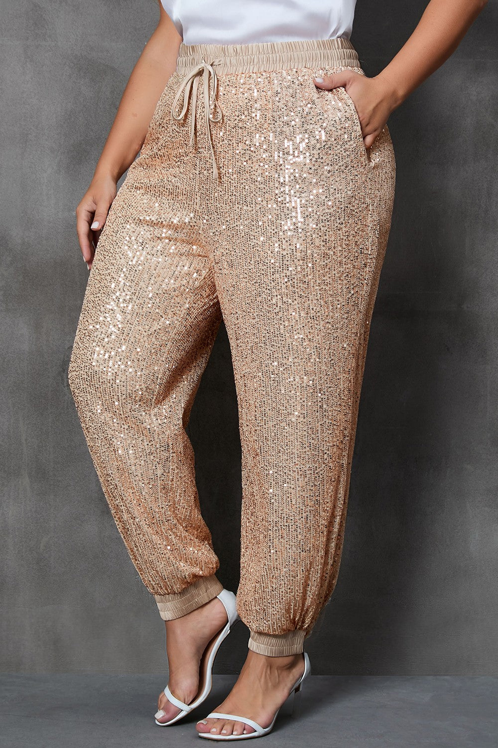 Plus Size Sequin Drawstring Joggers with Pockets-VMA Specialties Boutique